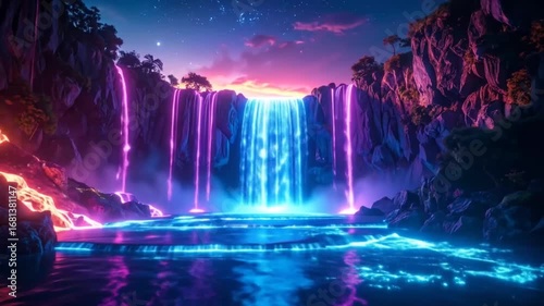 Wallpaper Mural Neon Waterfall Fantasy: Glowing Water and Rocks Landscape Torontodigital.ca