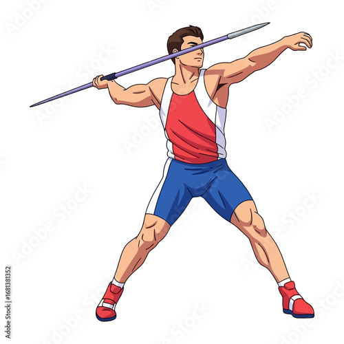 Javelin Thrower in Action: An athlete, poised with focus, launches a javelin across a vibrant sports field, embodying strength and precision in a striking athletic display.