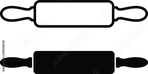 Simple outline and solid silhouette of a rolling pin