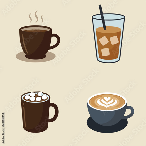 Four Coffee Drinks Illustrated on Beige Background