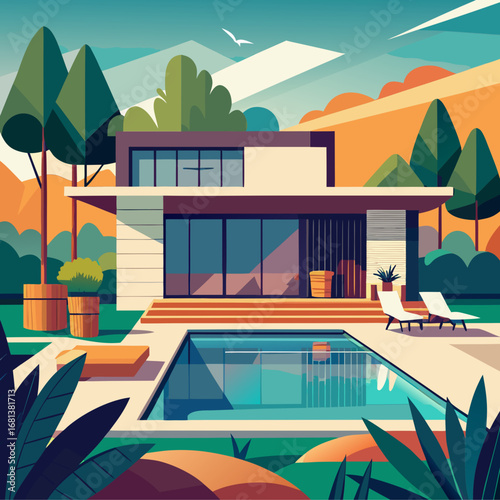 Modern villa with poolside elegance vector flat design illustration for architectural concepts