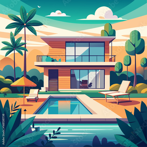 Modern flat design villa with pool tropical oasis landscape vector illustration