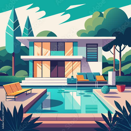 Modern flat design villa with poolside oasis beautiful architecture illustration for sale