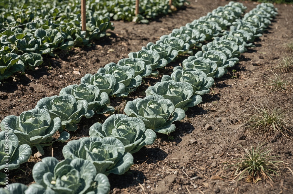 Fototapeta premium Rows of leafy green cabbage plants growing in a community garden with moist earth and neighboring vegetation on a bright spring afternoon