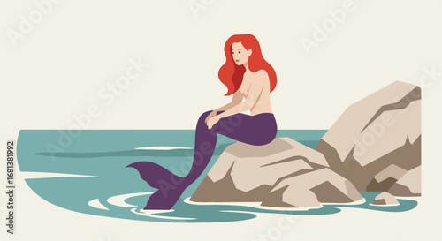 Mermaid Sitting Calmly on Rock at Seaside