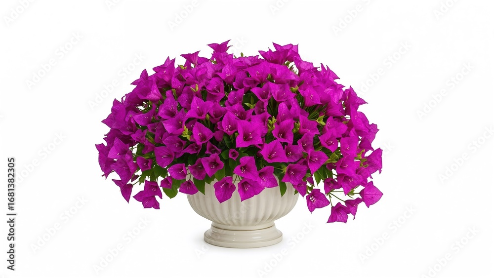 Obraz premium Vibrant Purple Bougainvillea Blossoms in a Pot, Set Against a White Backdrop with Clipping Path, Ideal for Garden Decoration.