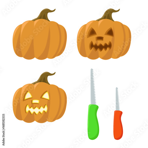 Halloween Pumpkins Vector. Carving Kit and Carved Pumpkins turned into a Jack-O'-Lantern