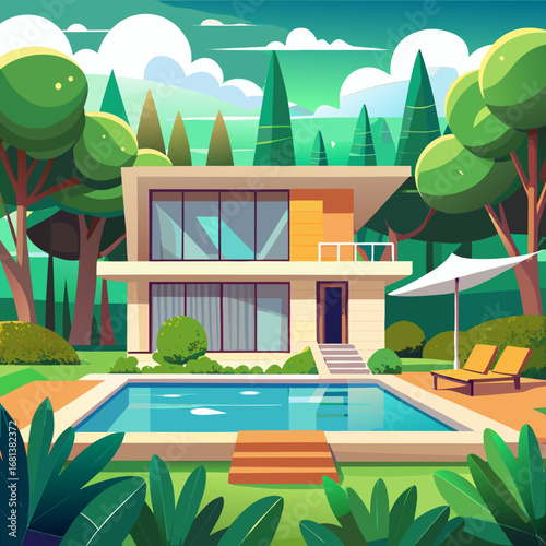 Modern villa cartoon vector with poolside relaxation lush greenery outdoor lifestyle