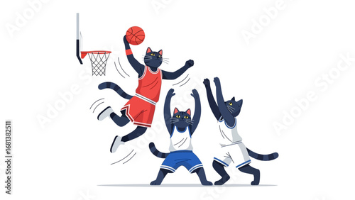 Kitten Ballers: Playful cats compete in a high-energy basketball game, showcasing dynamic action and playful energy.