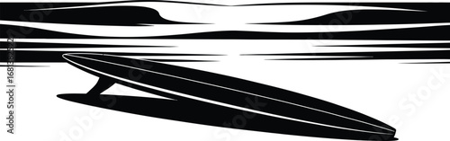 Stylized black and white surfboard on beach with sunset horizon