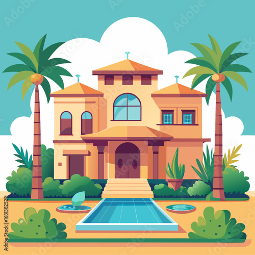 Luxury flat design villa with swimming pool and palm trees serene tropical escape