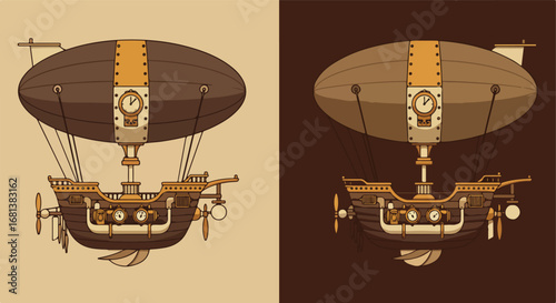 Cartoon Airship Sailing across Contrasting Backgrounds