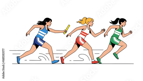 Relay Race Team in Action: The dynamic moment of a relay race captured with three determined female athletes, focus on a relay baton transfer illustrating teamwork, speed, and athletic prowess.