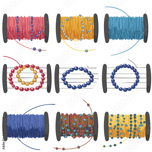 Spools of jewelry wire with threaded beads flat vector design