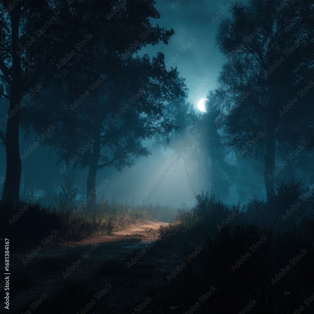 Naklejka premium Moonlit Forest Path - Mystical Night Scene