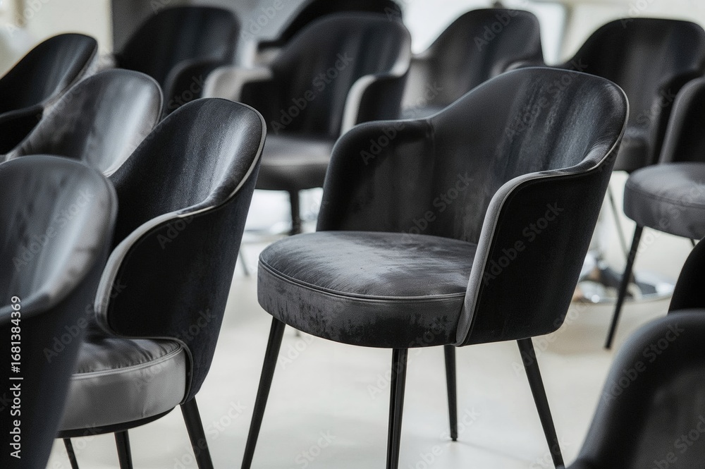 Obraz premium Art deco style black velvet chair featuring black nickel legs against a white backdrop; front row of chairs in a furnished room
