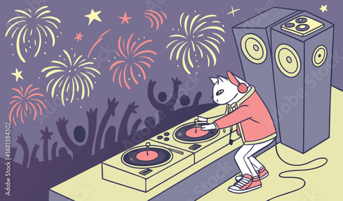 "A cat DJ spinning vinyl records at an outdoor festival, colorful fireworks, cheering crowd, cinematic motion blur, ultra-detailed funny stock photo."