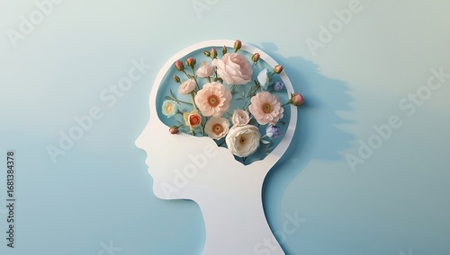A paper cut human head with blooming flowers inside on a soft blue background. World mental health day concept.
