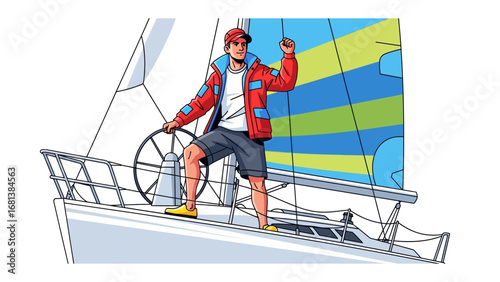 Sailing Triumph: A vibrant illustration captures a confident sailor at the helm of a sailboat, arm raised in triumph against a backdrop of crisp white and blue. 