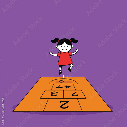 Girl Playing Hopscotch on Orange Court Over Purple Background