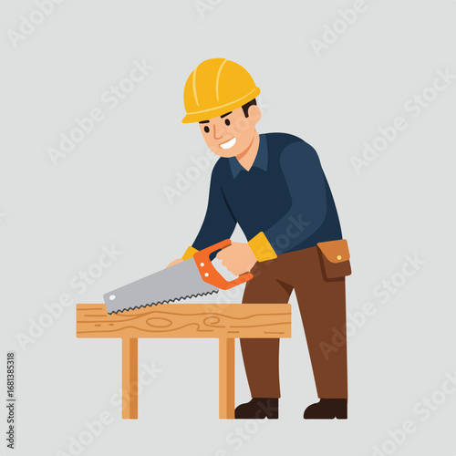 Carpenter cuts wood with handsaw on workbench in workshop or construction site