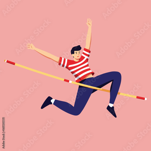 Man Vaulting Over Pole on Pink Background