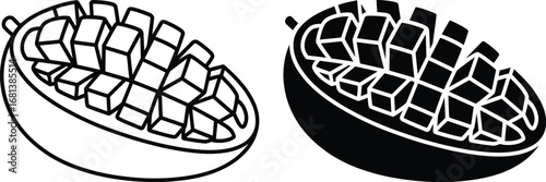 Two stylized mango halves one outlined and one solid black with diced flesh