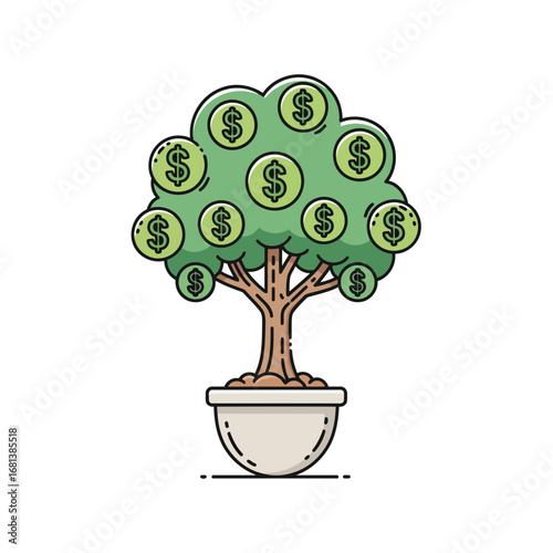 A potted money tree vector illustration with dollar signs as leaves, symbolizing business startup and growth. Ideal for finance, investment, and wealth management concepts.