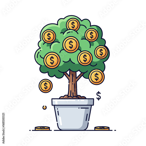 A simple, isolated vector of a money tree in a pot. Representing business beginnings and financial prosperity, it's great for banking, savings, and entrepreneurial themes.