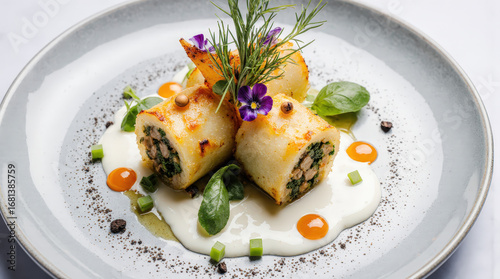 Gourmet Stuffed Pasta Dish with Edible Flower Garnish