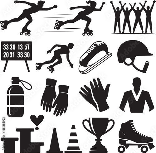 Roller Skating and Sports Equipment Icons with Trophies and Helmets skates inline skates