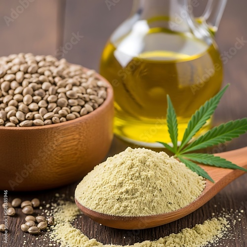 Hemp seeds powder and oil with a fresh hemp leaf on a wooden surface