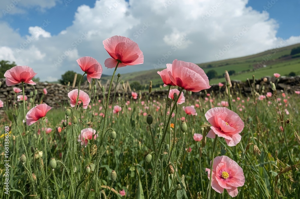 Obraz premium Bright pink poppies dancing gently in a wild garden setting during early summer
