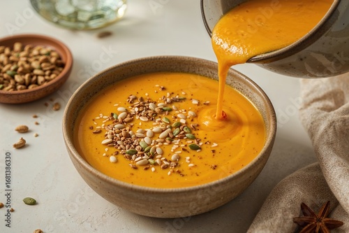 Creamy pumpkin soup garnish...