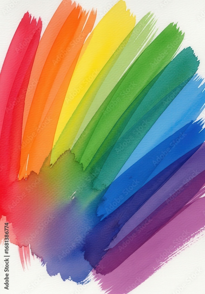 Obraz premium A vibrant abstract piece showcasing colorful, overlapping brushstrokes resembling a rainbow, using a watercolor effect