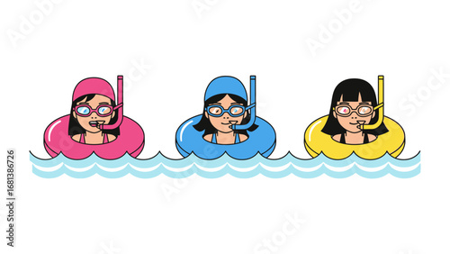 Water Enthusiasts in Animated Fun: Three young women in inflatable rings wearing snorkels and swim caps cheerfully float in a serene aquatic environment.