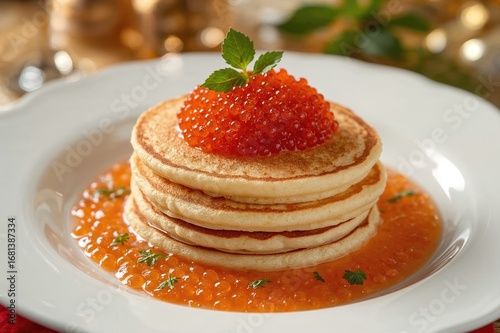 Plate of pancakes topped wi...