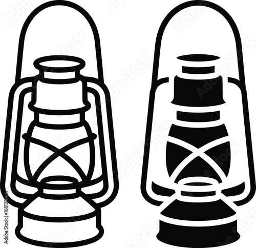 Two stylized line art illustrations of vintage kerosene lanterns