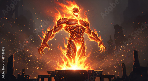 Fiery Elemental Rises From Burning Crucible In Dramatic Fantasy Scene With Sparks Flying