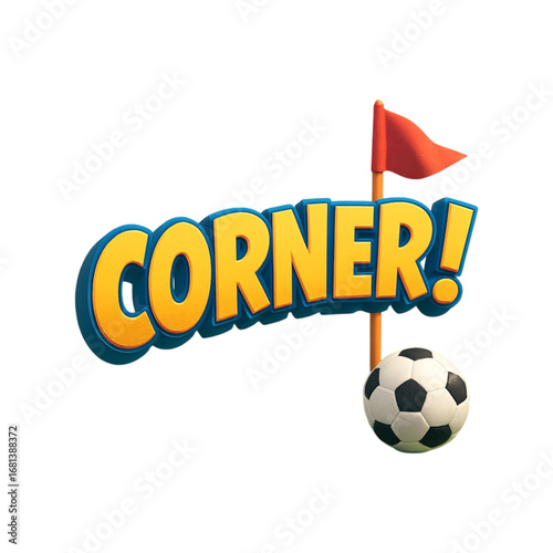 Soccer corner kick text with ball and flag isolated on transparent background