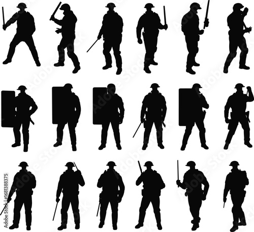 Silhouette, riot gear, police, shield, baton, security, enforcement, taccrowd control, defense, authority, equipment,