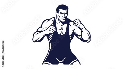 Wrestler: A stylized monochrome illustration depicts a muscular wrestler in a classic singlet, ready for combat. The bold graphic captures the essence of strength, power, and determination.