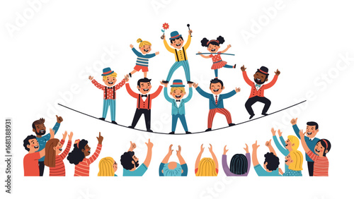 Aerial Wonders: A vibrant illustration capturing a lively circus scene, showcasing acrobats balancing and performing on a high wire, captivating audience and celebrating the thrill of circus life.