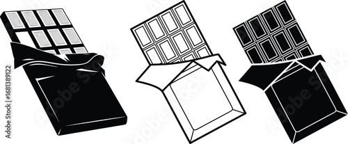 Three hand drawn chocolate bars with wrappers open on white background