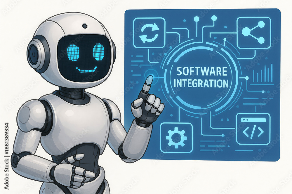 Fototapeta premium Friendly robot pointing at software integration interface with digital circuit diagram artificial intelligence
