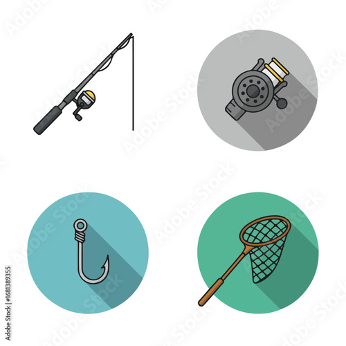 Fishing Tackles Displayed, Illustrated Rod, Reel, Hook, and Net Icon Set
