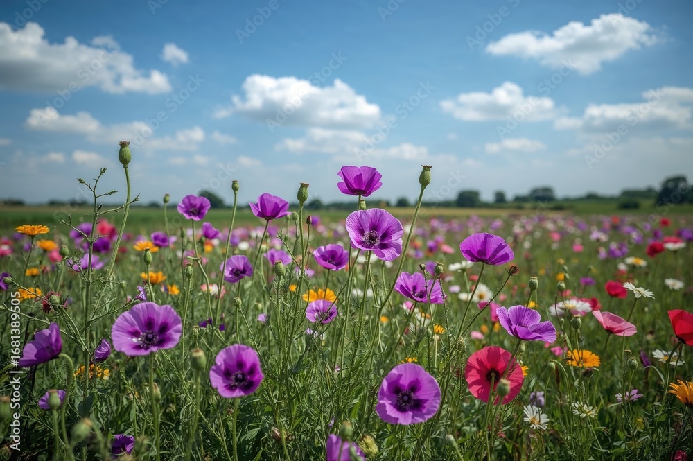 Fototapeta premium Colorful purple poppy flowers blooming in a natural field
