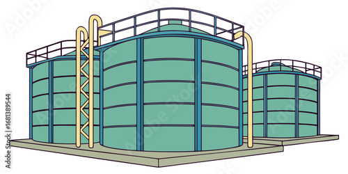 Large Industrial Storage Tanks with Piping and Ladders on a Concrete Base