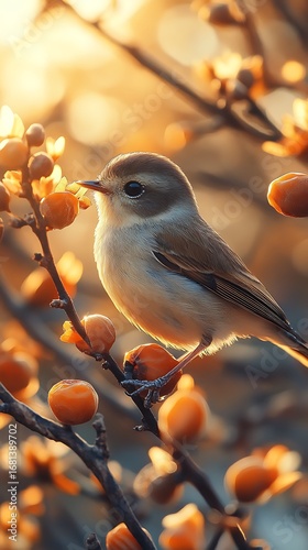 A beautiful small bird perched amongst orange berries in soft golden sunlight photo