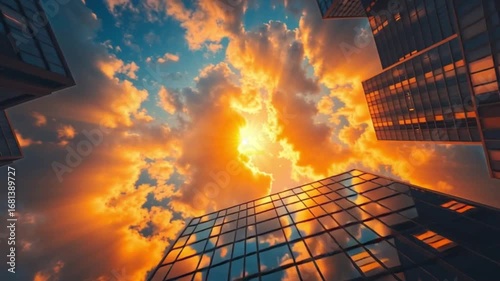 Looking Up at Skyscrapers Reflecting Dramatic Sunset Sky